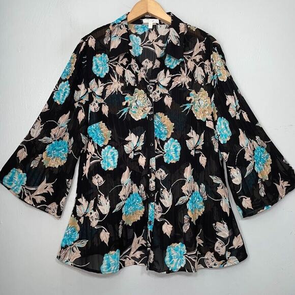 Fashion Bug Size XL Pleated Crinkle Semi Sheer Top Y2K Dark Floral Romantic Goth - Picture 1 of 10